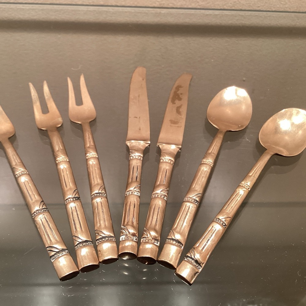 Thailand Nickelbronze Appetizer Cocktail Forks & Spoon Bamboo Design Set of 7